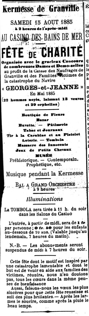 Fête de Charité pour les naufragés en mer, paru dans Le Granvillais du dimanche 16 Août 1885